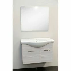 Mobile Bagno Sospeso Venato Bianco Con Lavabo Specchio E Luce